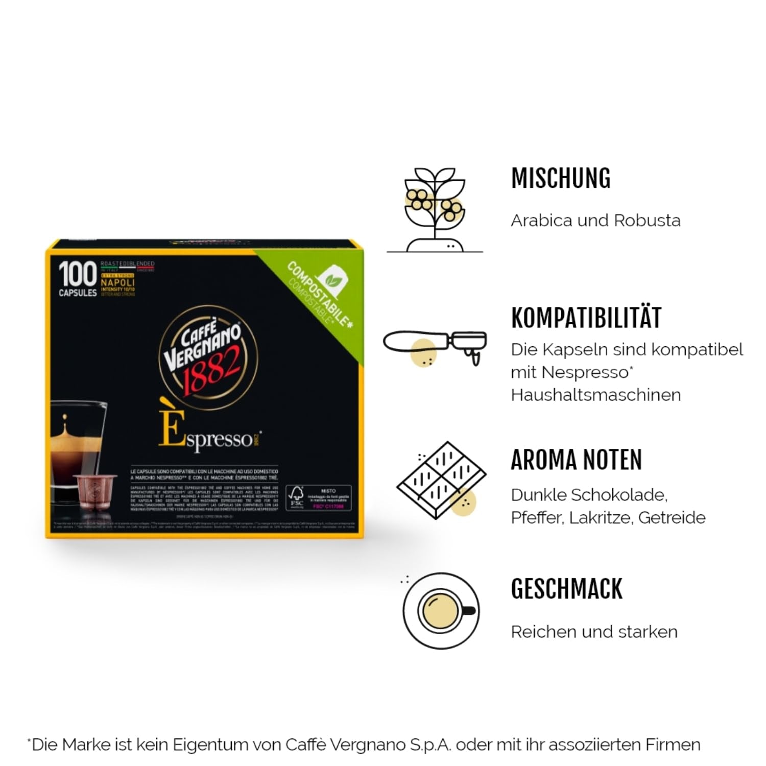 Caffè Vergnano 1882 - Èspressokompostierbare Kaffeekapseln, Kompatible Mit Nespresso, Napoli - Packung Enthält 100 Kapseln