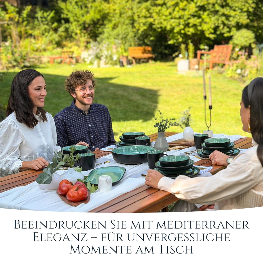 Service de table 24 pièces en grès cérame pour 6 personnes, design Ibiza, GAGNANT DU TEST. Un magnifique ensemble de vaisselle méditerranéenne comprenant des bols et des assiettes. Service de table Pure Living, vert sauge.