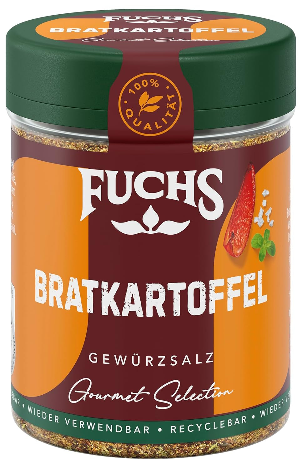 Fuchs Gourmet Selection Klassisch/Heimisch – Bratkartoffel Gewürzsalz, nachfüllbares Kartoffel Gewürz, Salz zum Würzen von Brat- & Ofenkartoffeln, Pommes Frites & Co, végétalien, 70 g