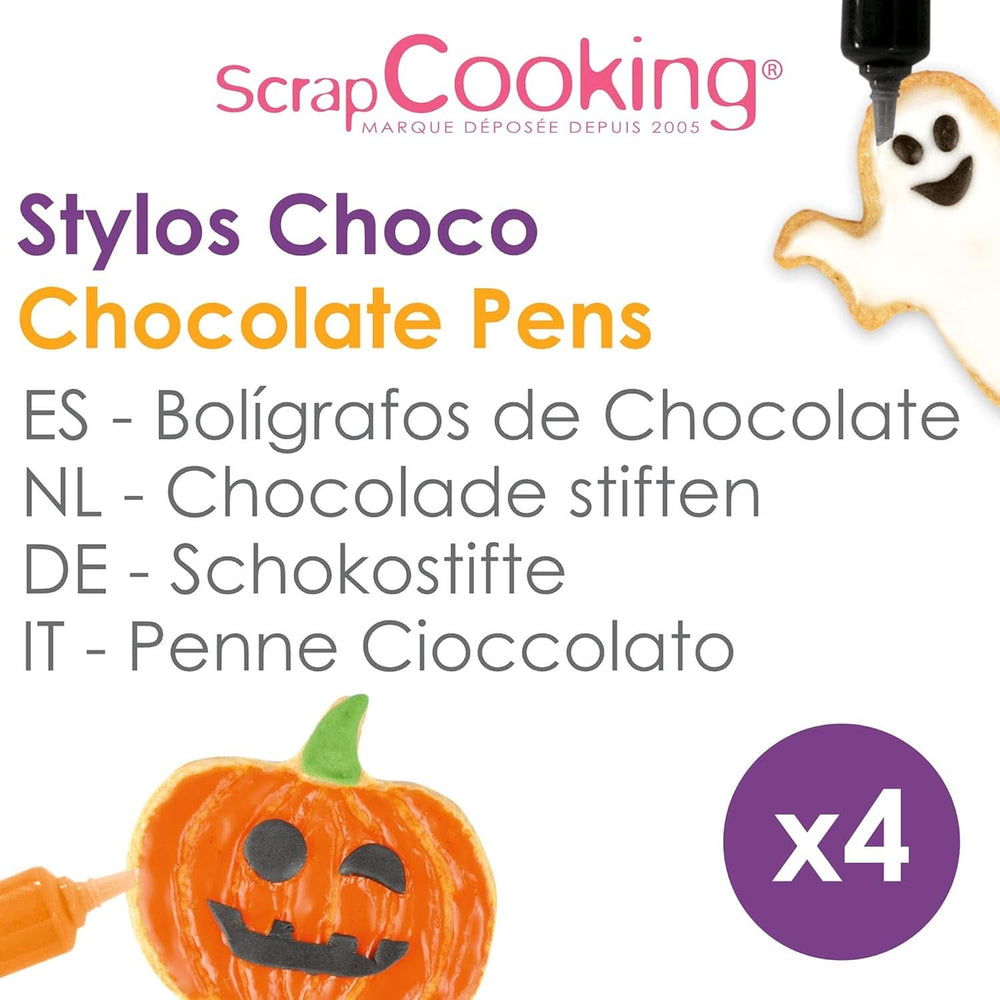 Scrapcooking - Lot de 4 Stylos Chocolat Halloween - Noir, Orange, Violet et Blanc, Écrivez et dessinez sur les Desserts, Gâteaux et Biscuits Naty Shop