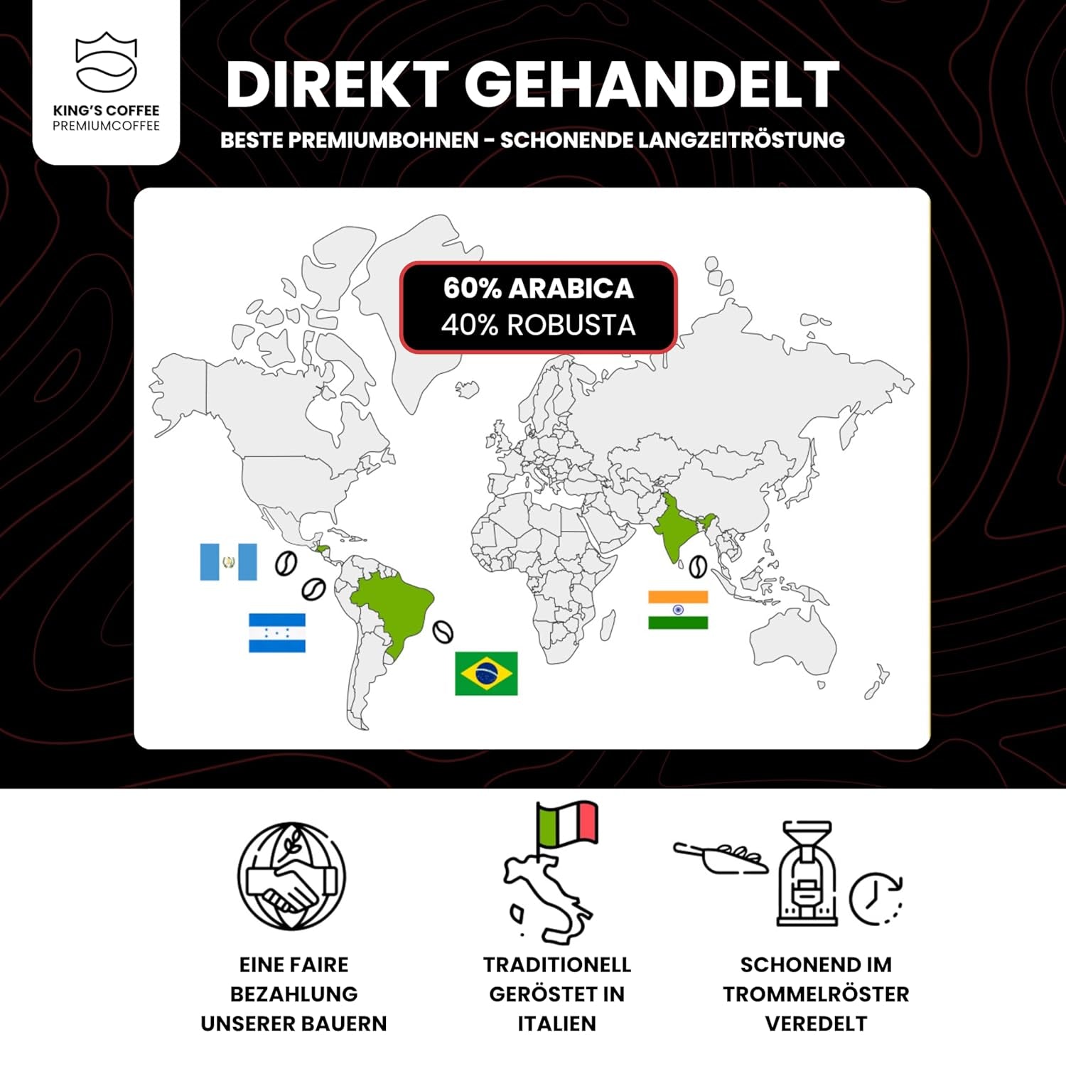 KING'S COFFEE - BLACK EDITION - 1 kg de grains de café crème intense - Café à faible acidité - Torréfaction en petits lots d'Italie - Grains d'espresso Arabica forts (mélange) pour machines entièrement automatiques et porte-filtres