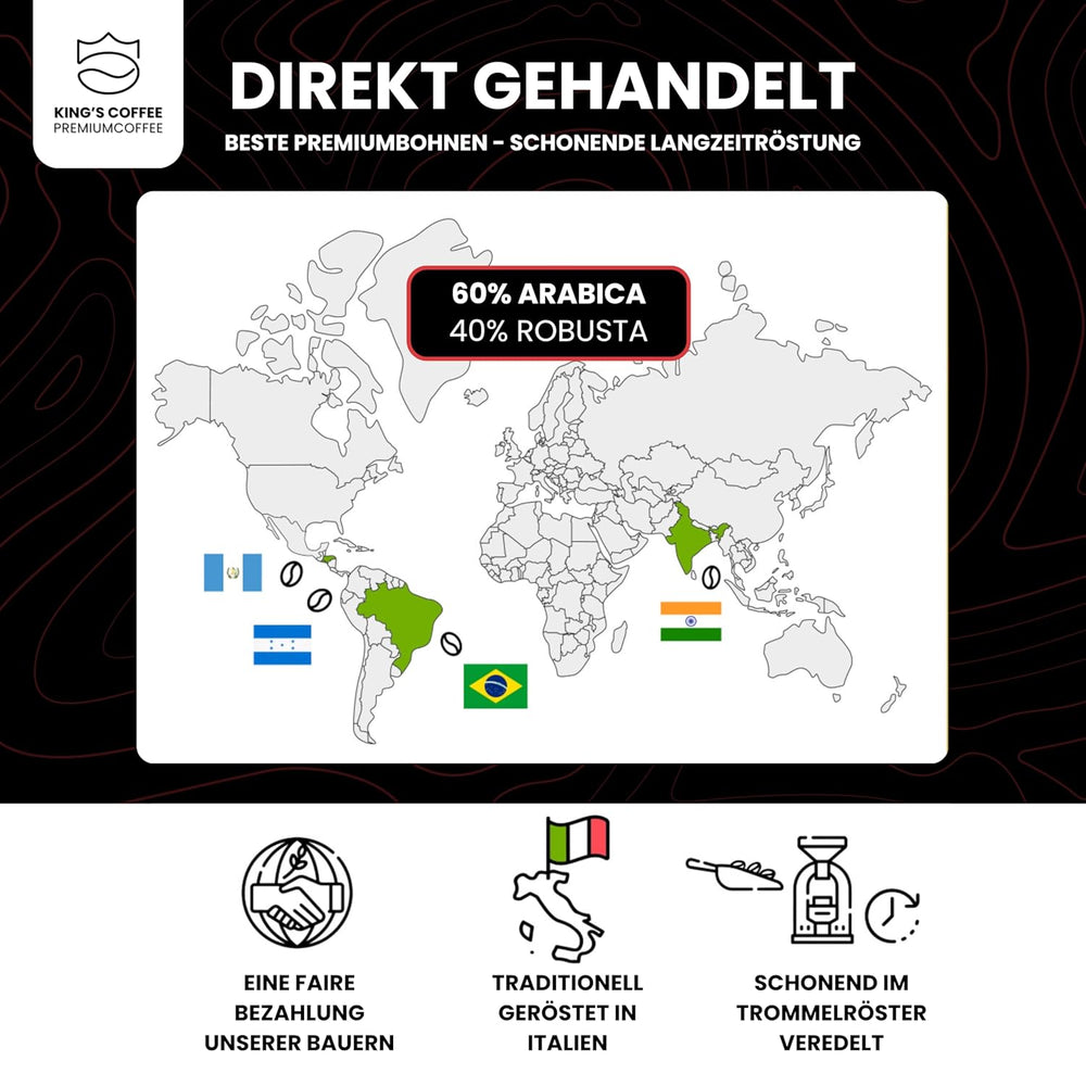 KING'S COFFEE - BLACK EDITION - 1 kg de grains de café crème intense - Café à faible acidité - Torréfaction en petits lots d'Italie - Grains d'espresso Arabica forts (mélange) pour machines entièrement automatiques et porte-filtres
