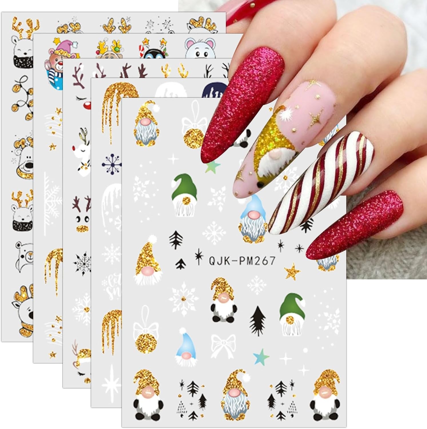JMEOWIO Nagelsticker Weihnachten 10 Blatt Nail Art Sticker Selbstklebend Nagelaufkleber Glitter Schneeflocke Xmas Winter Urlaub Gold Dekoration Nageldesign Zubehör