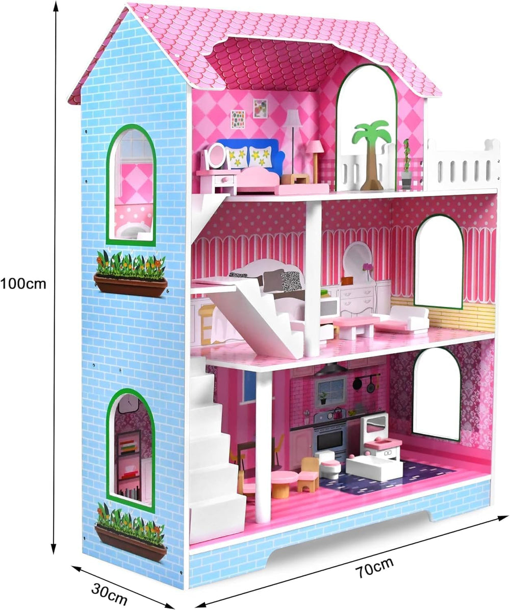 HENGMEI Puppenhaus Kinder Holz Puppenvilla Dollhouse Set Mädchen Spielset 3 Etagen House mit Möbeln und Zubehör, 70x30x100cm Puppenhäuser für Kinder (Typ B)