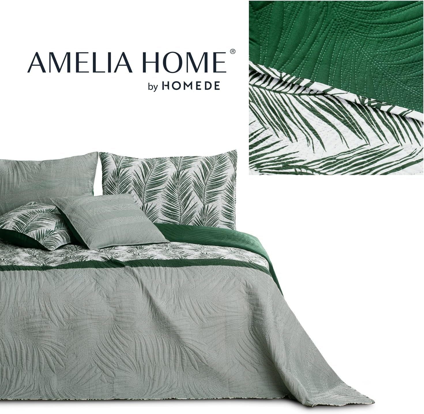 Ameliahome Couvre-lit Couvre-lit 170X210 Cm Double Face Facile d'entretien Couvre-lit Motif Plante Vert Blanc Tropical Bonaire Lits et Couvertures Besuche den AmeliaHome-Store
