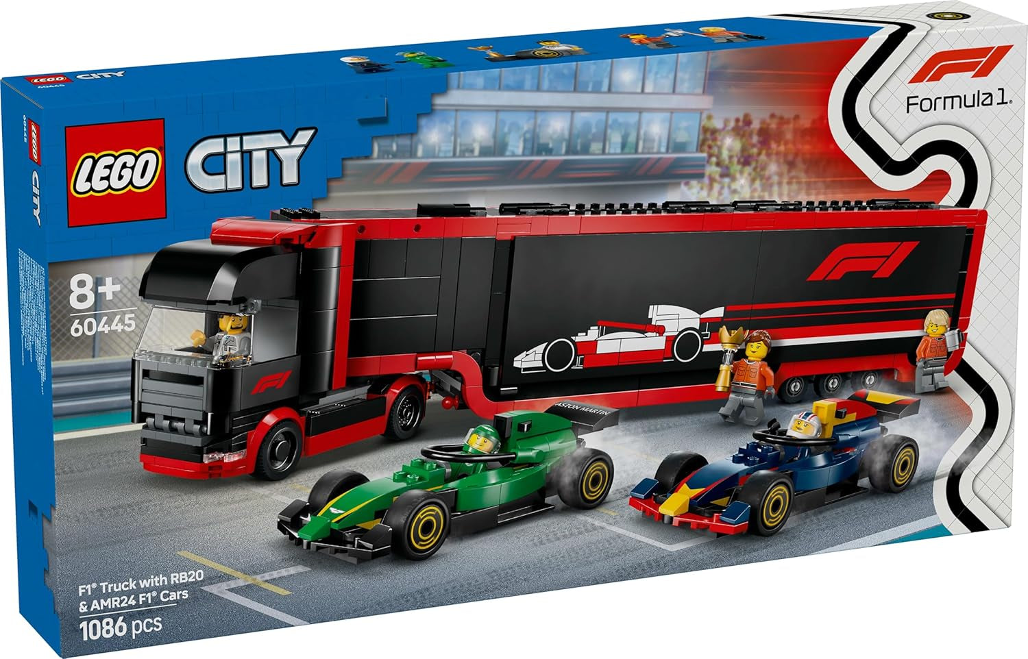 LEGO City F1 Transporter avec voitures de course F1 RB20 et AMR24 - Transporteur de voitures miniatures pour les équipes de Formule 1 Red Bull et Aston Martin - Incl. 5 figurines - Cadeau pour garçons et filles à partir de 8 ans 60445 Jeux de construction Besuche an LEGO-Store