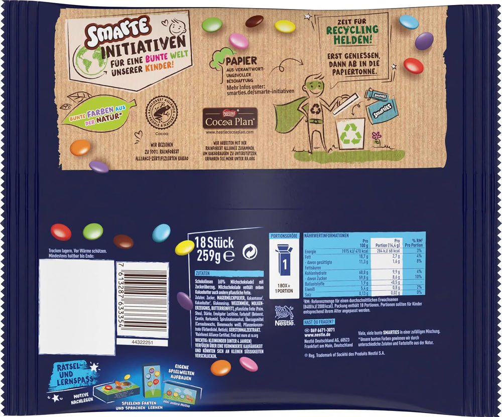 Nestlé SMARTIES Mini sachets XXL, lentilles couleur chocolat, idéales à partager et à déguster en famille et entre amis, couleurs naturelles, emballage recyclable, lot de 2 (1 x 259 g)