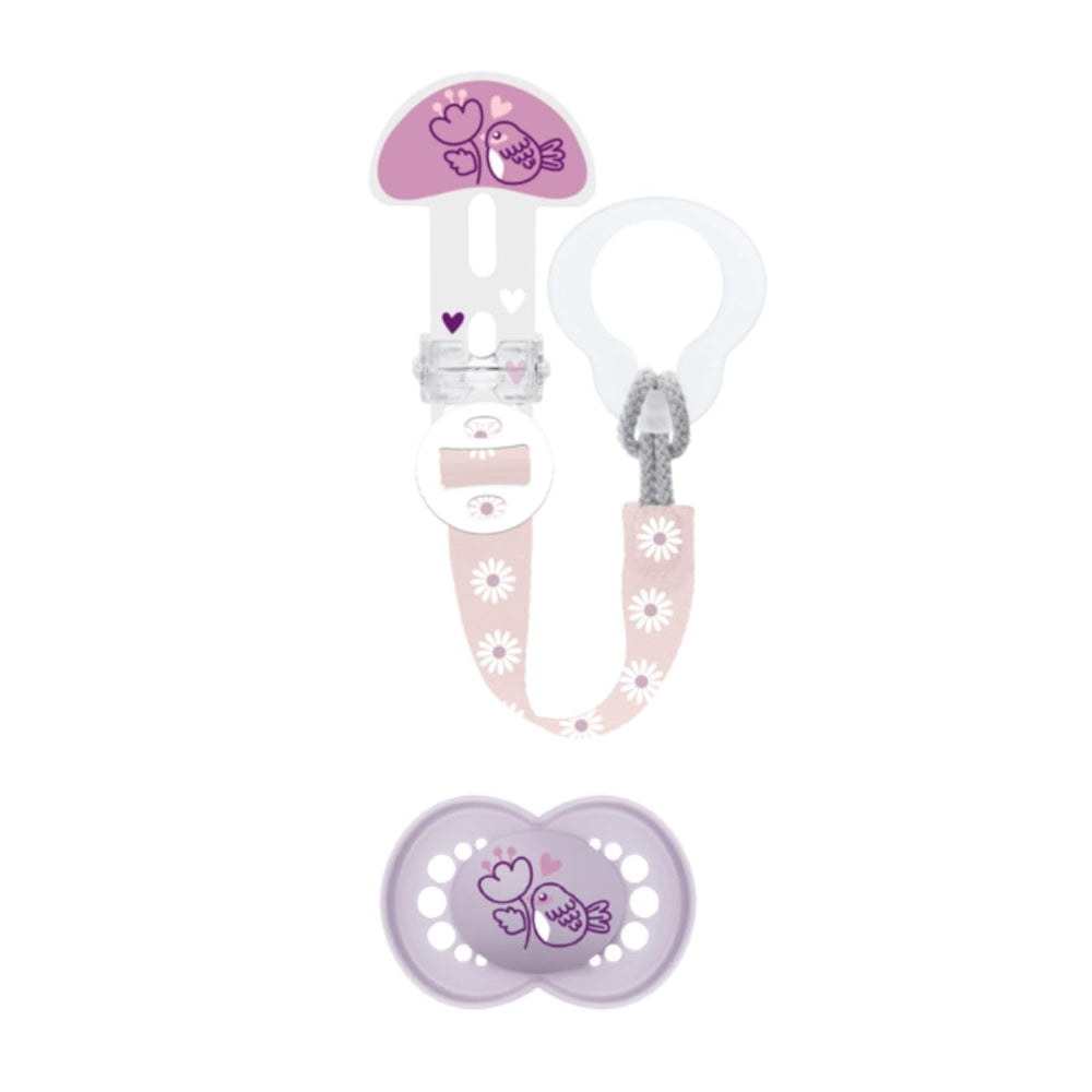 MAMAN | Sucette et chaîne de tétine, 6 mois et plus, sélection de couleurs aléatoires, anatomique, symétrique, en silicone, lavable, longueur réglable, compatible avec tous types de tétines