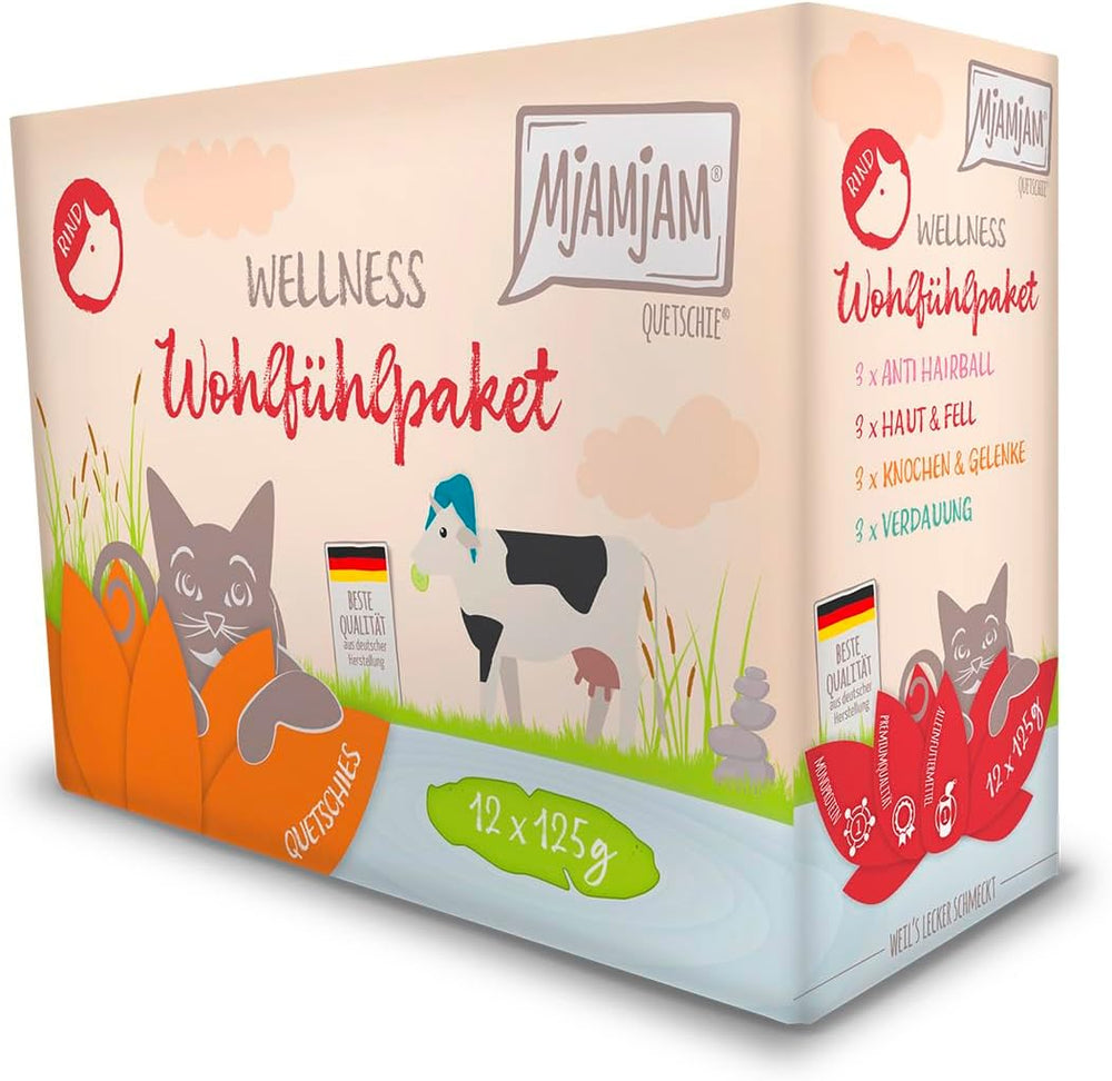 MjAMjAM – Hrană umedă premium pentru pisici - Pachet Wellness Vită, pachet de 12 (12 x 125g), fără cereale cu carne suplimentară