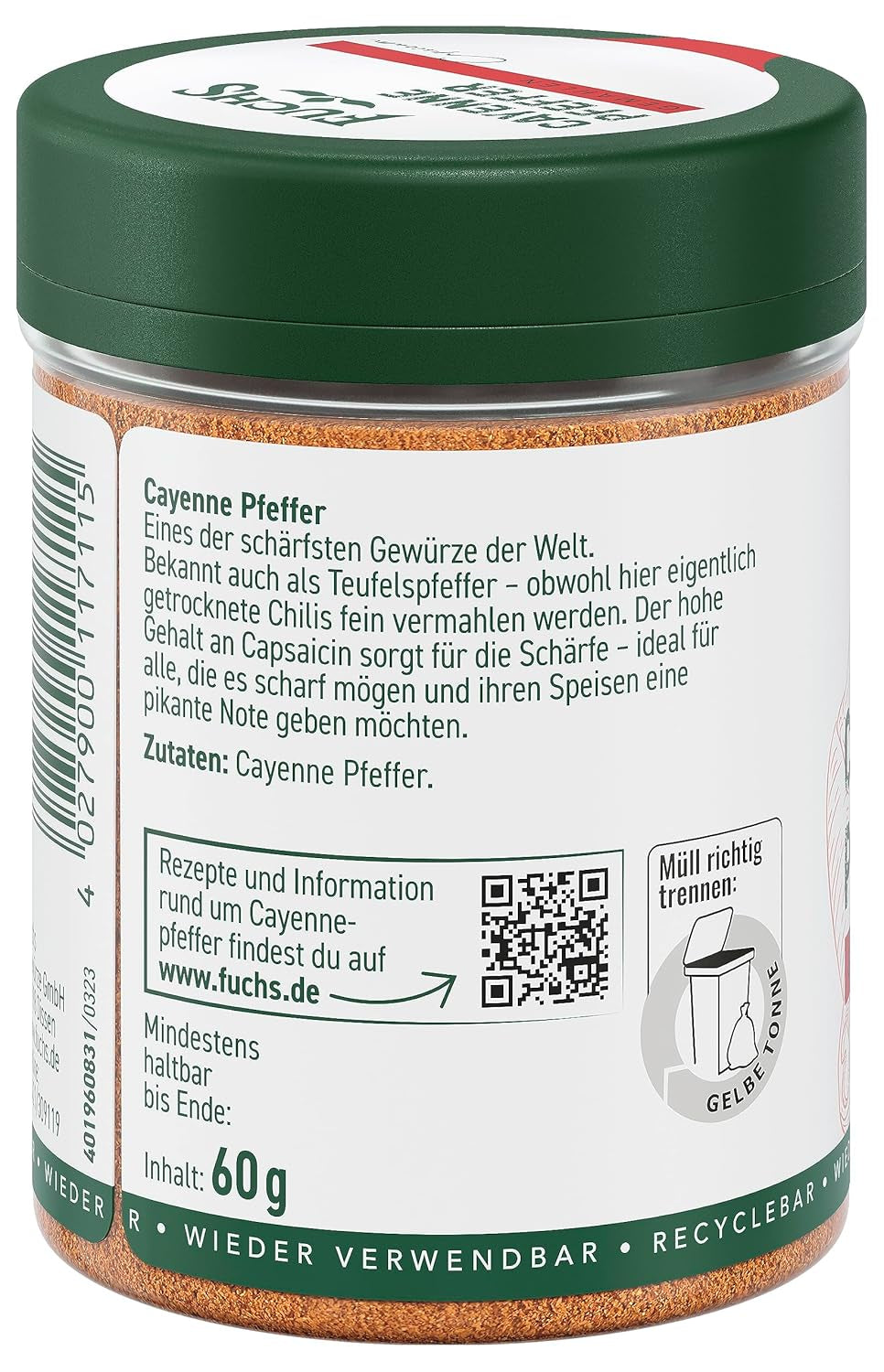 Fuchs Gewürze - Poivre de Cayenne gemahlen - pour un scharfen Geschmack dans toutes sortes de plats - ingrédients naturels - 60 g dans wiederverwendbarer, recyclebarer Dose