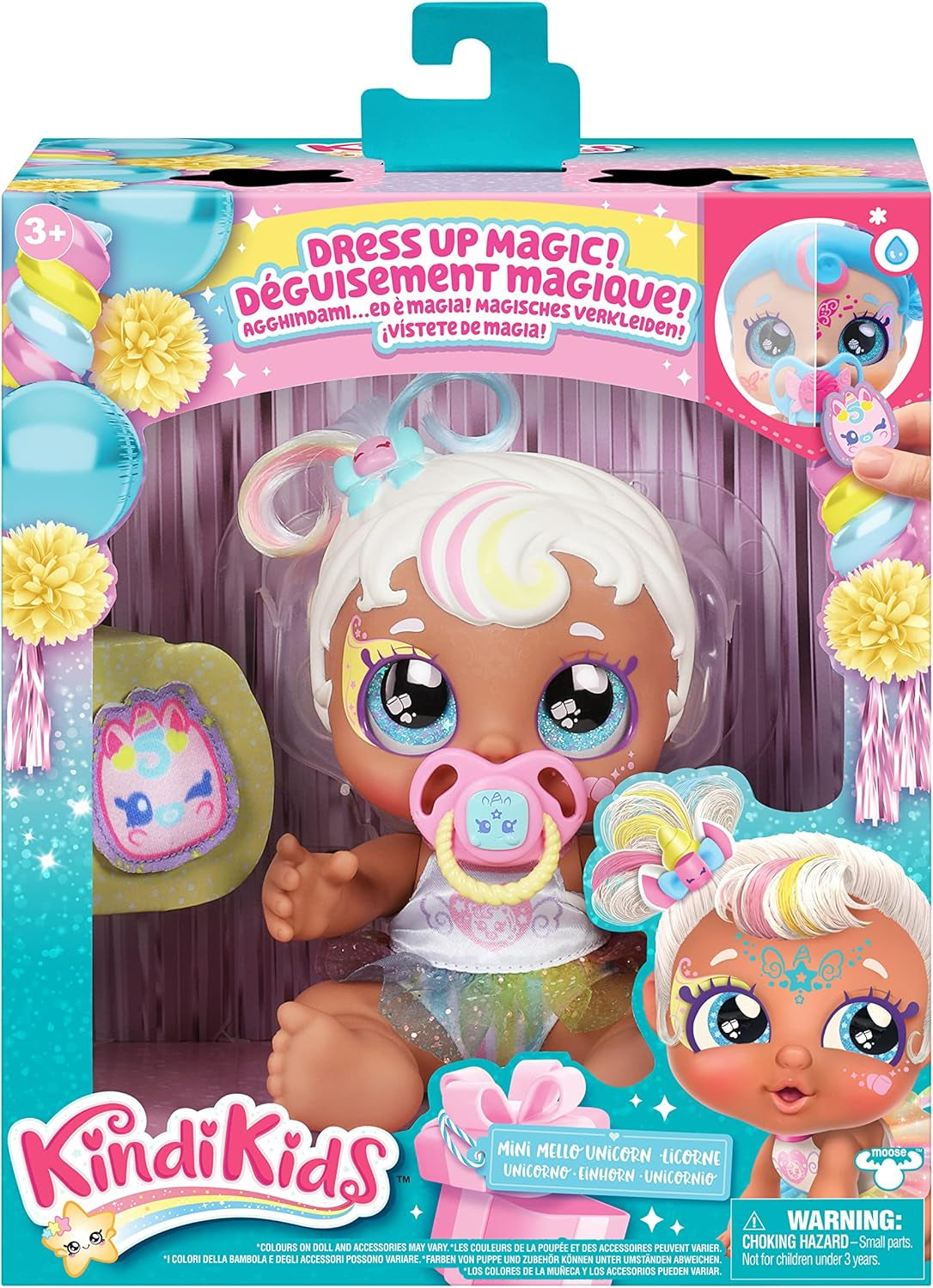 Baby Sister-Puppe Mini Mello als Einhorn, 1 Chiot avec sucette Spielzeug et Zauberschwamm pour magische Gesichtsbemalung. Grande, scintillante Augen, biegsame Arme und Beine, 50275
