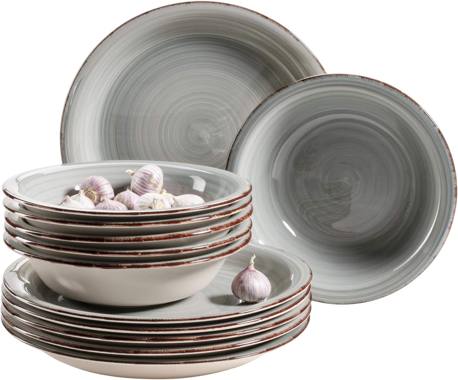 MÄSER Service de table pour 6 personnes, look vintage moderne, service de table 12 pièces, peint à la main, bleu, carrelage, bleu fumée (Bel Tempo II)