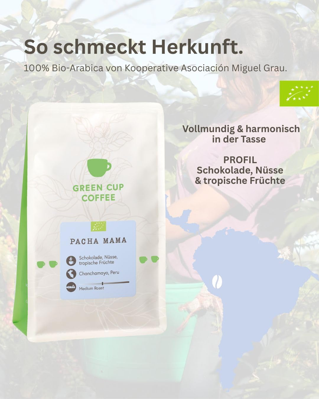 Café - Pacha Mama I 100% Arabica I Kaffeebohnen 1kg I Perfekt für jede Zubereitung - Moka Kanne, Siebträger, Vollaautomat, Brühkaffee mit schokoladig, nussigen Aroman I miltre Röstung