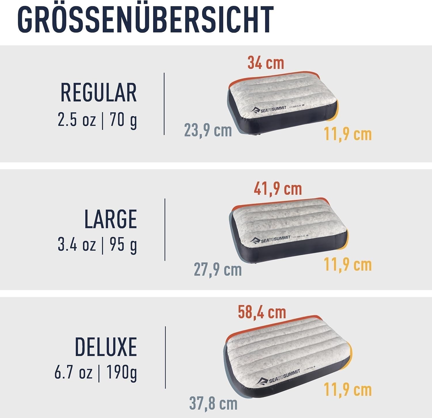 Sea to Summit - Oreiller de voyage Eros Down L - Ultraléger et gonflable - Matériau 10D - Oreiller en duvet de qualité supérieure - Antidérapant - Pour la randonnée et le camping - 42 X 28 X 12 cm - Gris - 95 G Naty Shop Oreillers de voyage