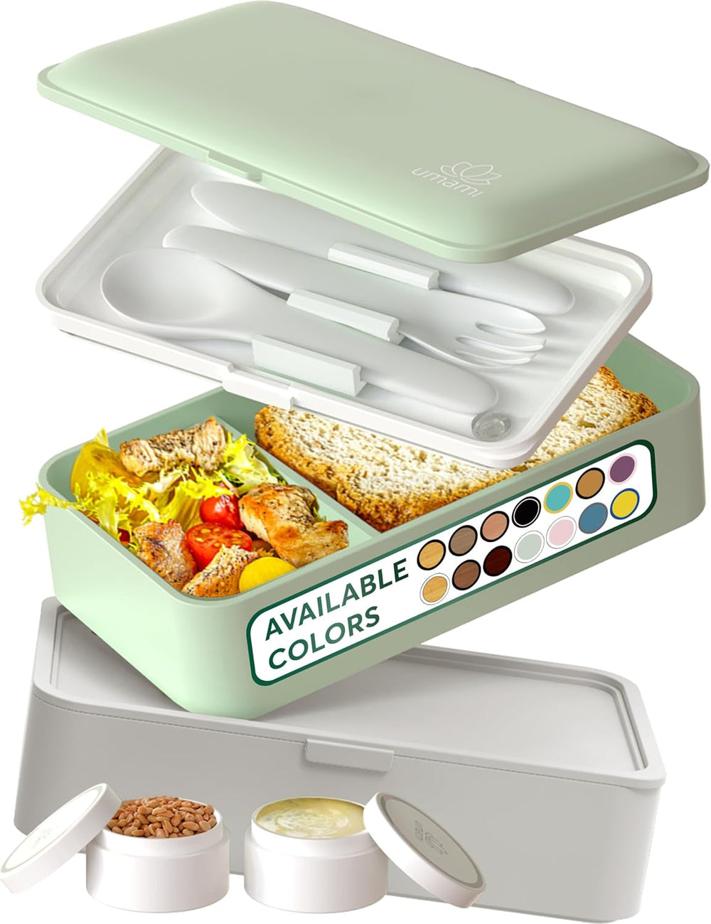 Umami Boîte à déjeuner pour adultes, boîte à bento empilable étanche avec 4 couverts et compartiments, boîte à déjeuner adulte, récipient à salade à emporter, boîte à déjeuner pique-nique/bureau, gris anthracite, 1500 ml