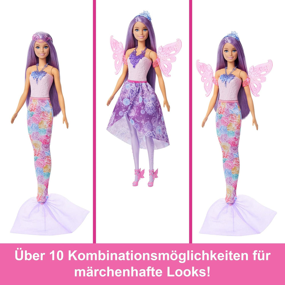 Poupée Barbie 3 en 1 avec 8 accessoires, dont une queue de sirène, des ailes de fée, des colliers royaux, des chaussures et plus encore pour plus de 10 looks différents, JCP74