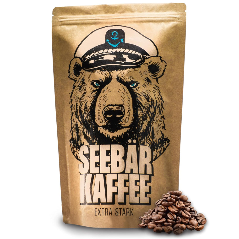 SEEBÄR COFFEE - Grains de café extra forts - 500g - Faible acidité et arôme intense - Grains entiers pour machines à café entièrement automatiques, expresso et presse française - Teneur élevée en caféine et faible acidité