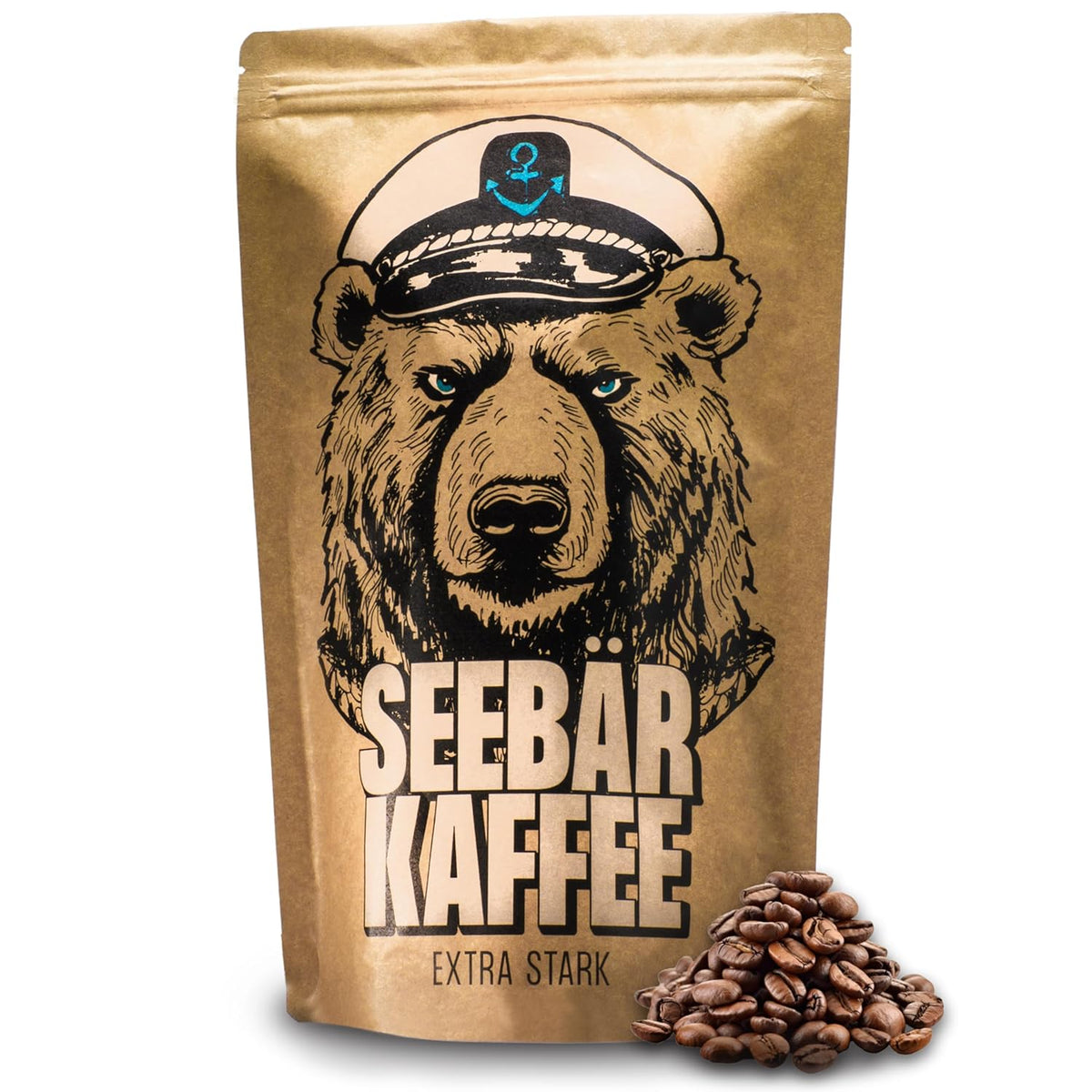 SEEBÄR COFFEE - Grains de café extra forts - 500g - Faible acidité et arôme intense - Grains entiers pour machines à café entièrement automatiques, expresso et presse française - Teneur élevée en caféine et faible acidité