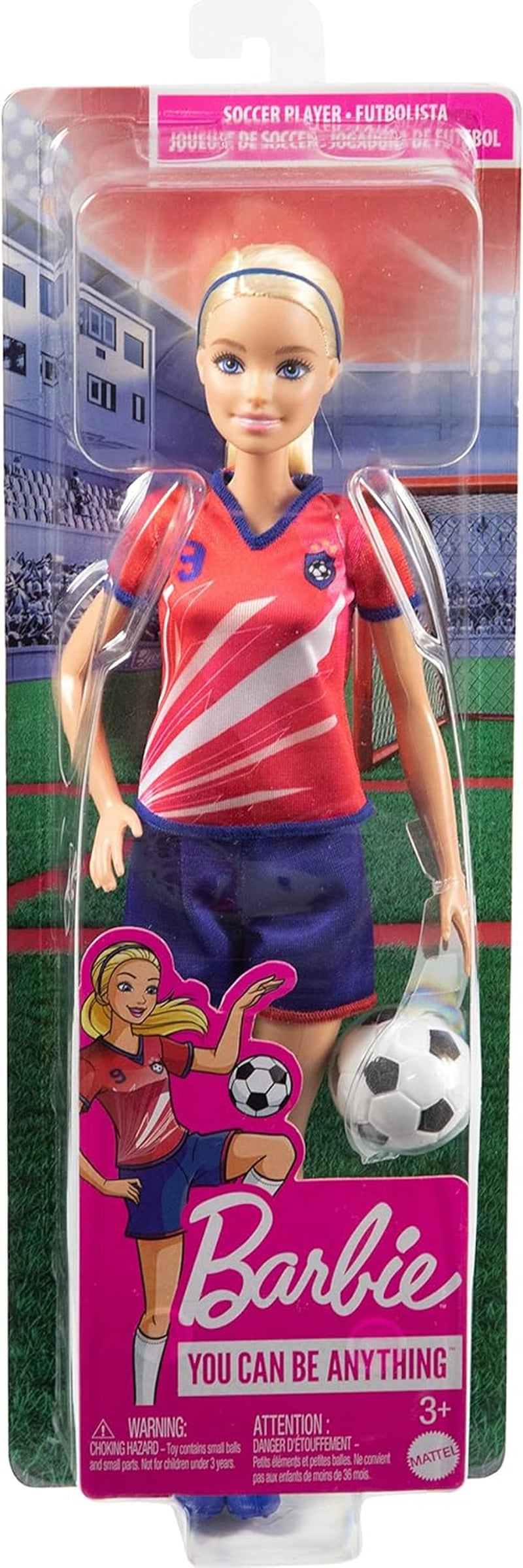 Barbie Série You Can Be Anything, Joueur de football, Joueur de football aux cheveux blonds, Maillot rouge et bleu, Ballon, Accessoires, Poupée incluse, Cadeau à partir de 3 ans, HCN17