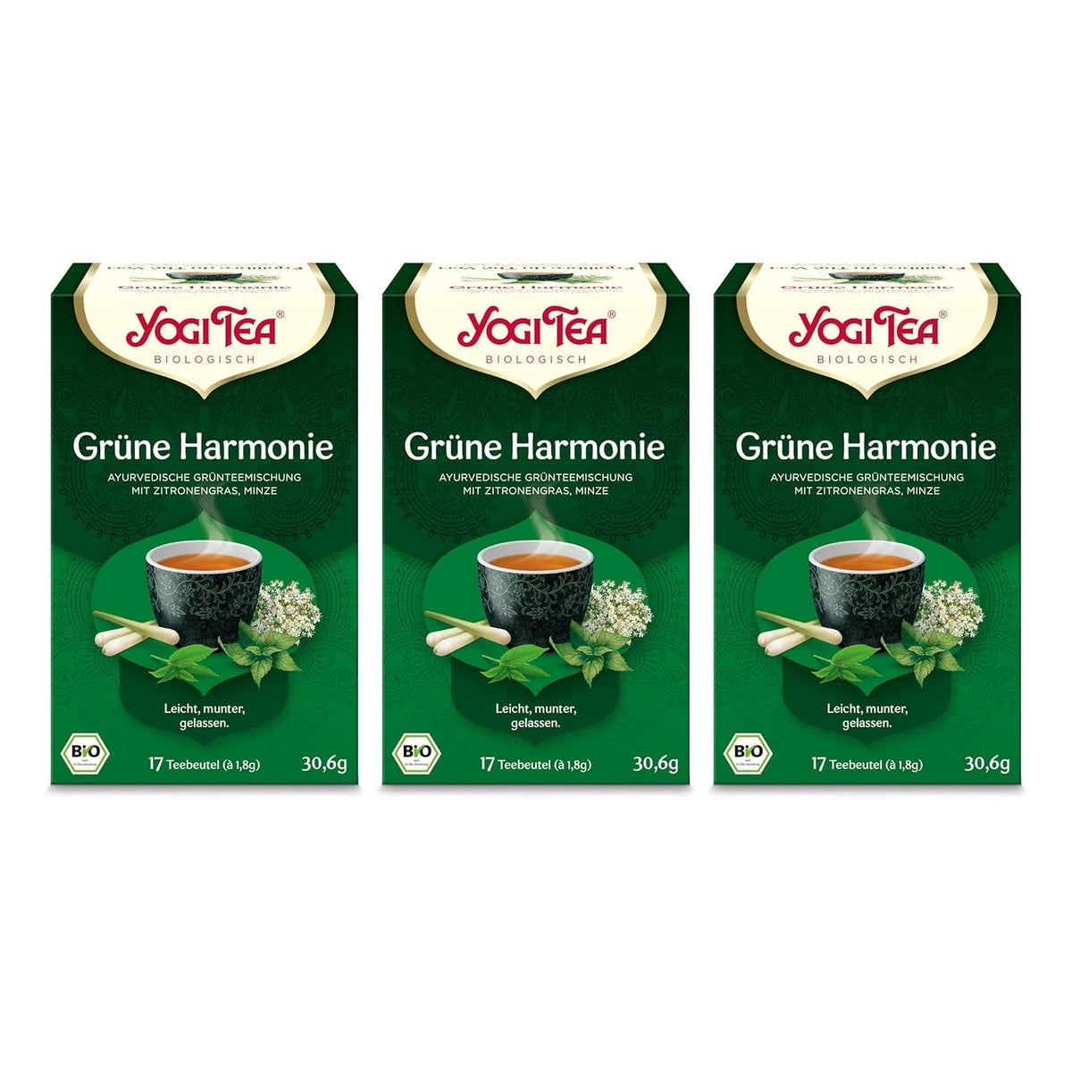 Yogi Tea - Armonie verde, ceai ayurvedic organic cu mirodenii și plante, amestec de ceai verde, lemongrass, mentă, Yogi Tea pachet de 3, 3X17 pliculețe (51 pliculețe de ceai în total), ideal ca cadou