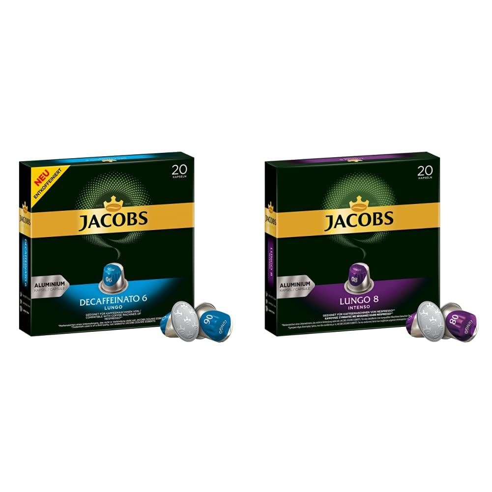 Jacobs Capsules de café Lungo Decaffeinato - Intensité 6, 10er Pack, 10 x 20 tasses & Capsules de café Lungo Intenso, Intensité 8 sur 12, 200 capsules compatibles Nespresso®*, 10 x 20 tasses