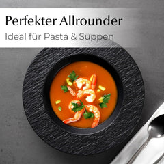 MIAMIO - Lot de 4 assiettes à pâtes de 26 cm de grande profondeur, vaisselle moderne en céramique noire et blanche, passe au micro-ondes et au lave-vaisselle – Collection Oasis (Noir)