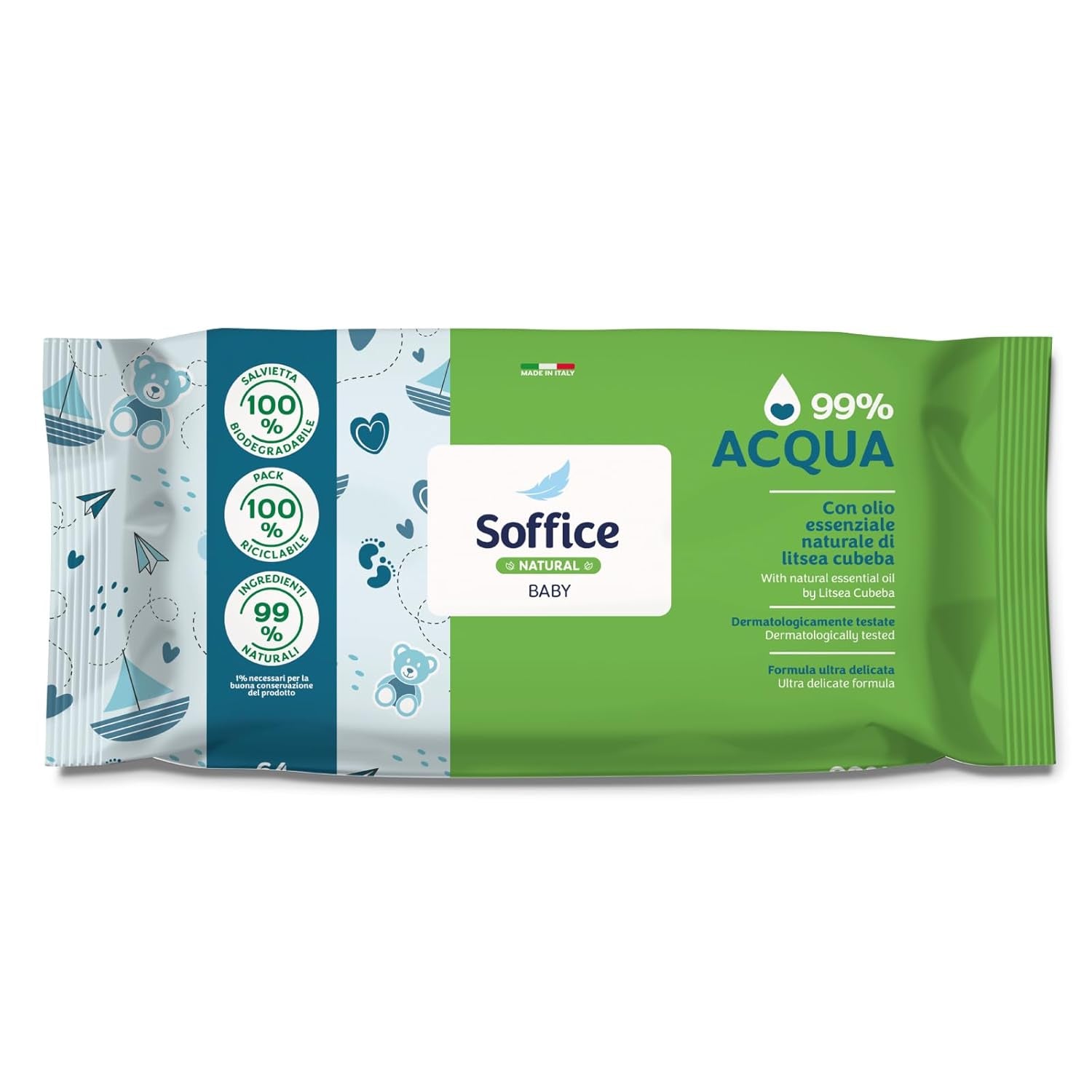 Lingettes humides nettoyantes naturelles pour bébé, 99% d'eau, formule très délicate pour l'hygiène quotidienne des enfants et des nouveau-nés - 12 paquets de 64 lingettes