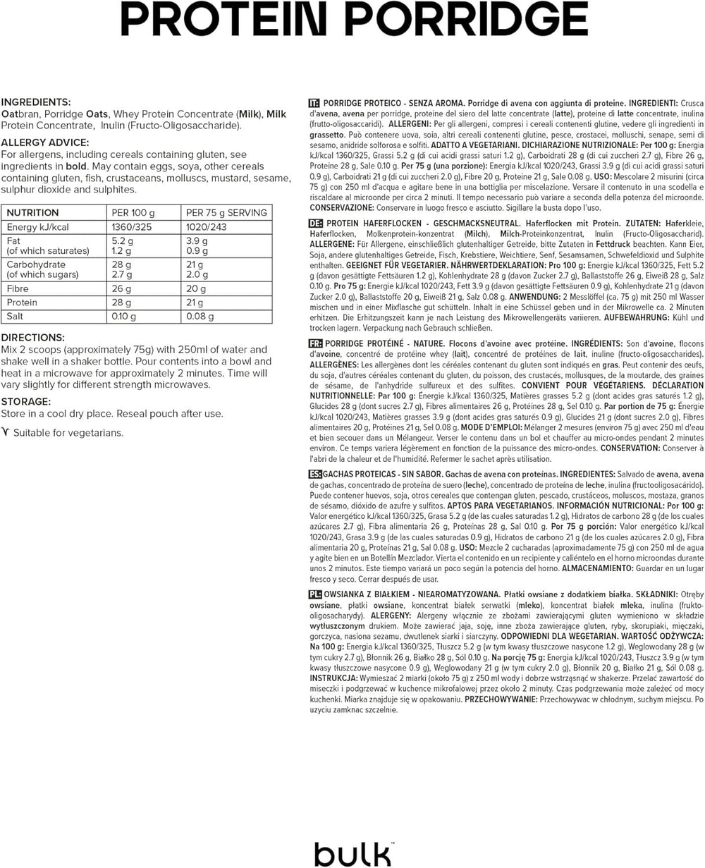 Gruau protéiné complet, en vrac, flocons d'avoine riches en protéines, lactosérum, riche en fibres, bouillie protéinée, sans saveur, 1 kg