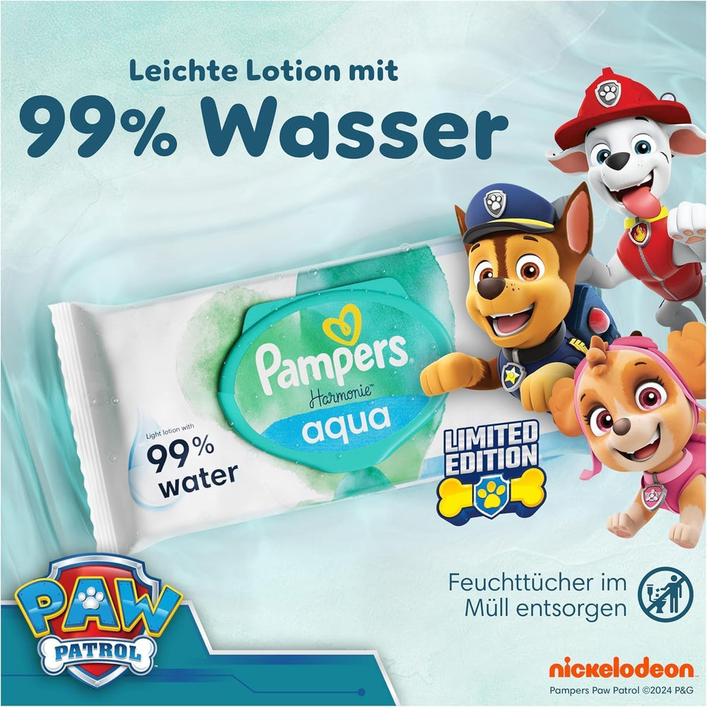 Pampers Harmony Aqua Baby Wipes Paw Patrol 15 Pack de 48 lingettes 720 lingettes pour bébé aide à restaurer l'équilibre naturel du pH de la peau Lotion légère 99 % d'eau