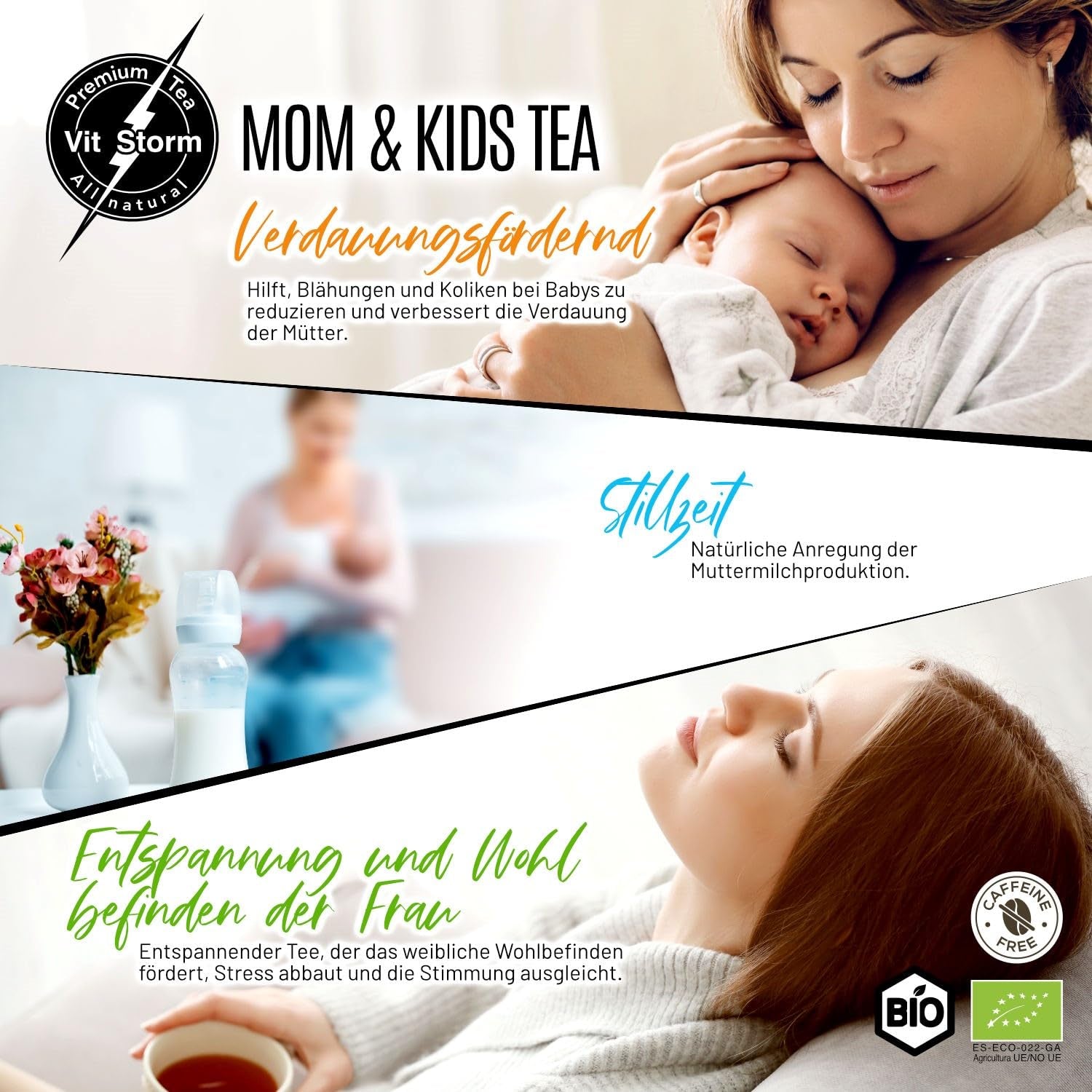 VITSTORM® BIO TEE Mom & Kids - Thé pour femme et allaitement - Rooibos, pomme, fenouil, mélisse, alchémille, fraise - Thé relaxant - Fruité et délicieux - Sans caféine - Tisane 100 g