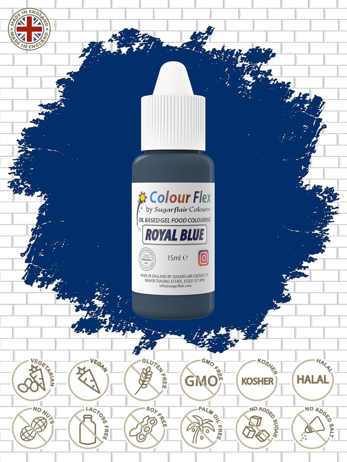 Colorant alimentaire à base d'huile Sugarflair Colourflex, bleu royal, colorant alimentaire liquide hautement concentré, colorant alimentaire pour crème au beurre, chocolat, pâte, fondant, glaçage et plus encore - 15 ml