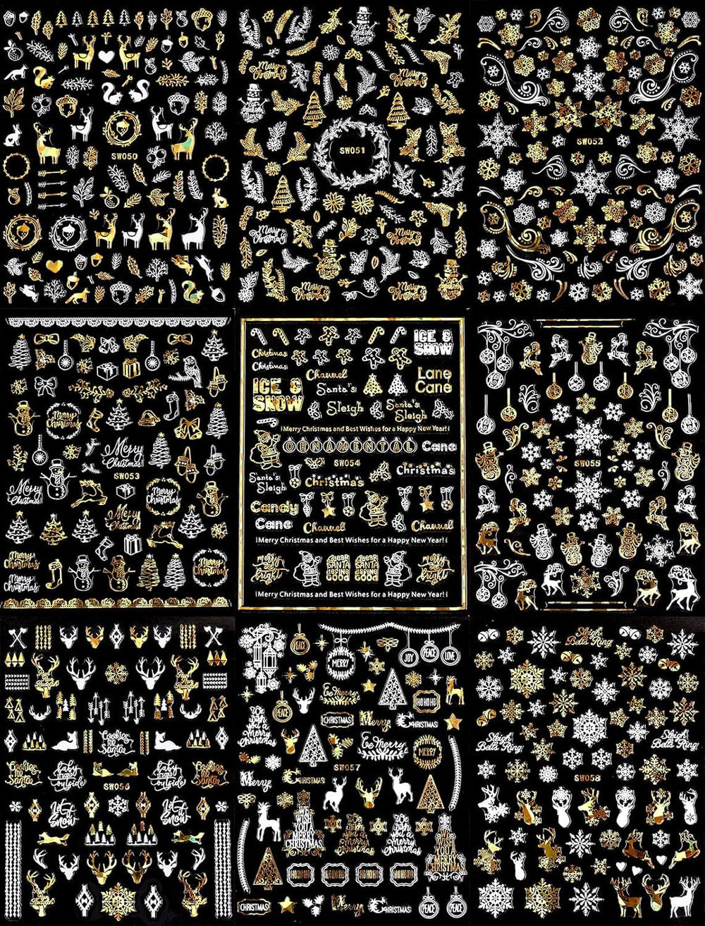 9 Blatt Nagelsticker Weihnachten Nagelaufkleber Selbstklebend Weiß Rentier Schneemann Nail Art Sticker Dekoration Nageldesign Zubehör