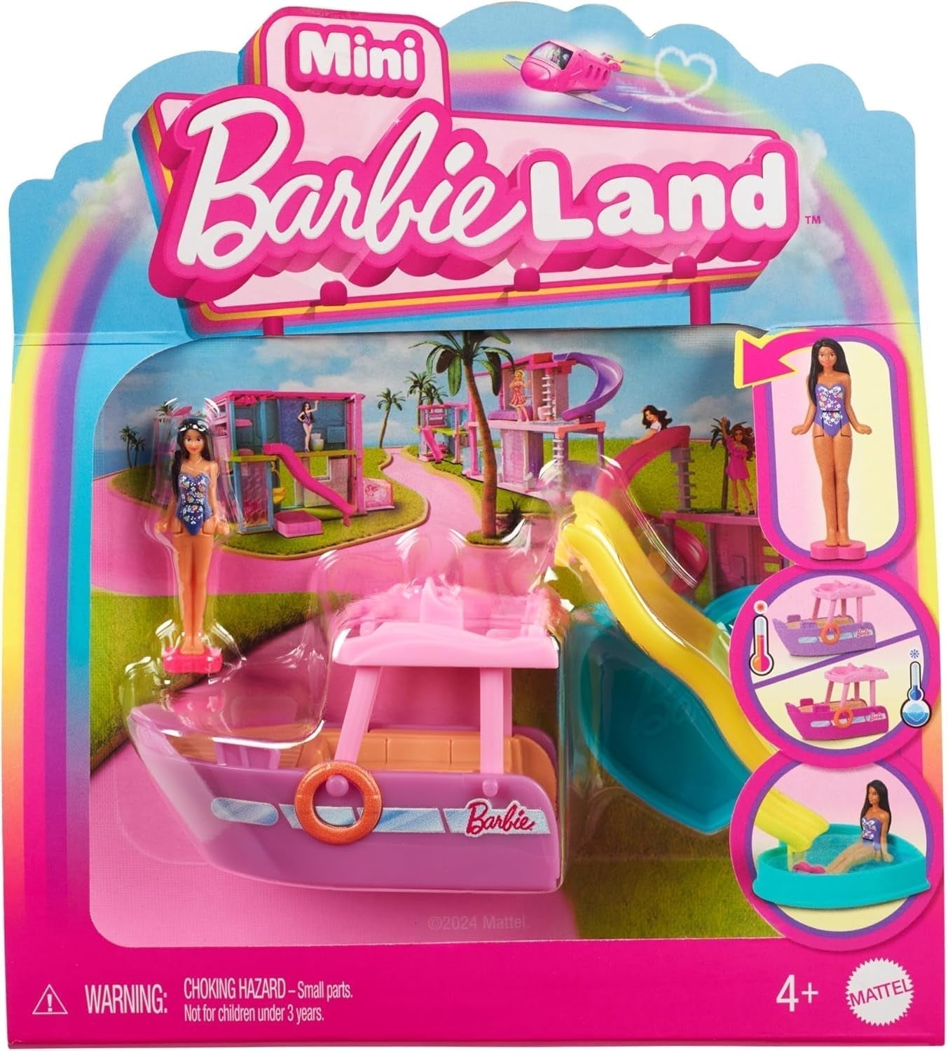 Barbie Mini Barbieland set de păpuși și vehicule de jucărie, păpușă de 1,5 inci și vehicul de jucărie iconic cu surpriză care își schimbă culoarea, HYF43 Papusi Naty Shop Dreamboat