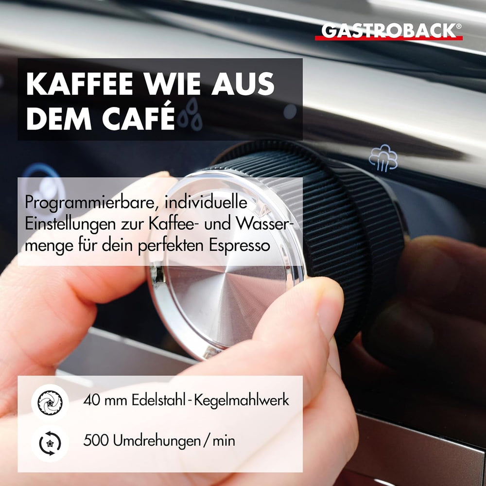 Machine à expresso GASTROBACK avec moulin comprenant pot à lait, presse-agrumes et porte-filtre en acier inoxydable - Machine à expresso Barista avec mousseur à lait - Machine à expresso avec 30 réglages de mouture