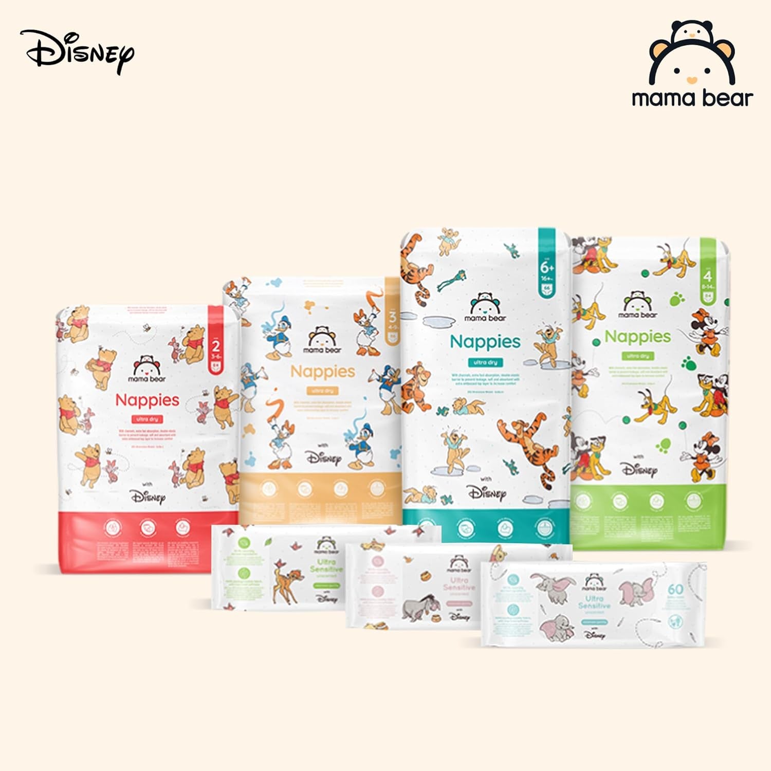 Marque Amazon : Mama Bear Disney Couches Ultra Dry, taille 3 (4-9 kg) – Boîte mensuelle, blanche, 172 unités (2 paquets de 86)