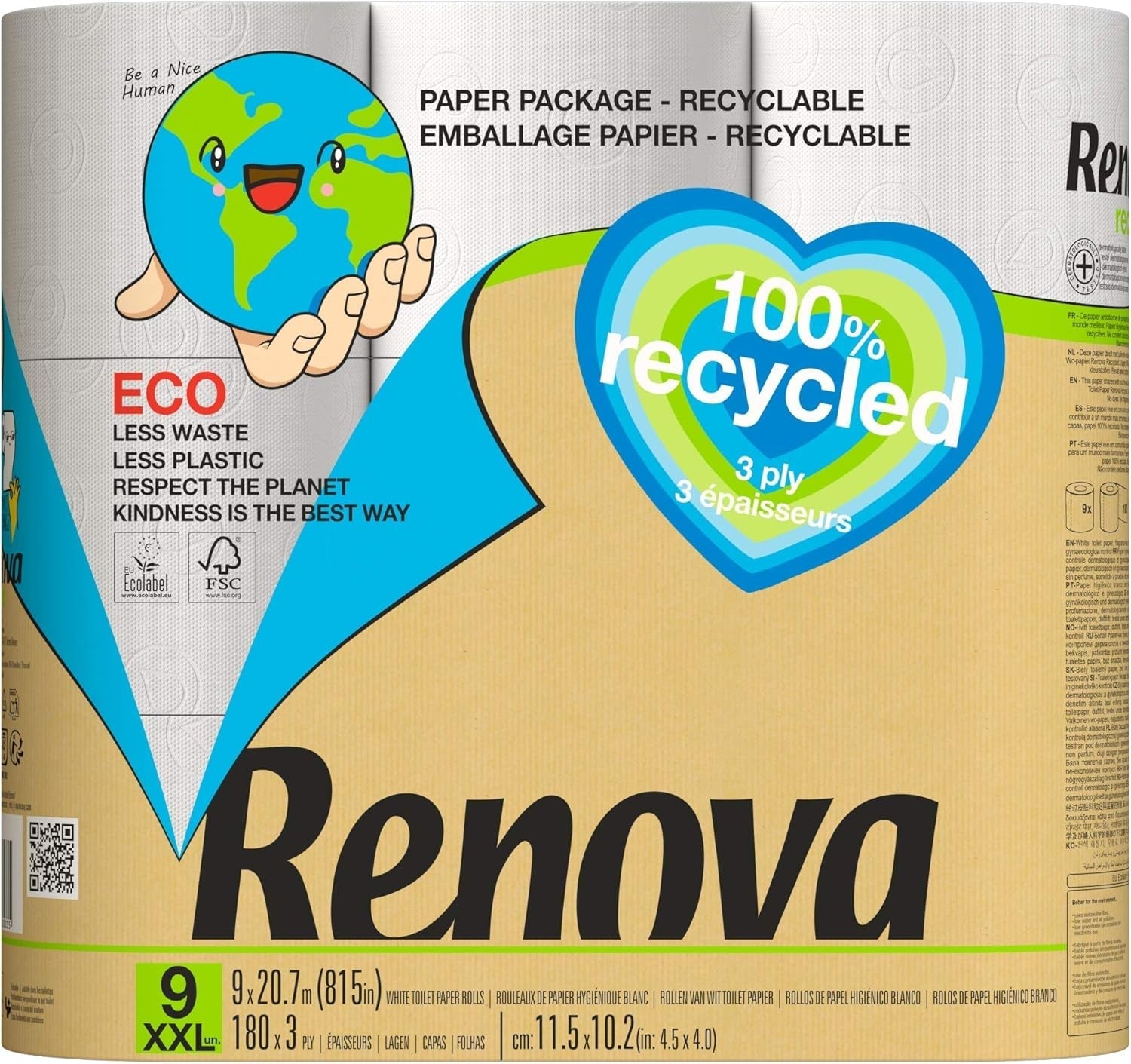 Papier toilette Renova 100% RECYCLÉ 9 rouleaux, blanc, normal