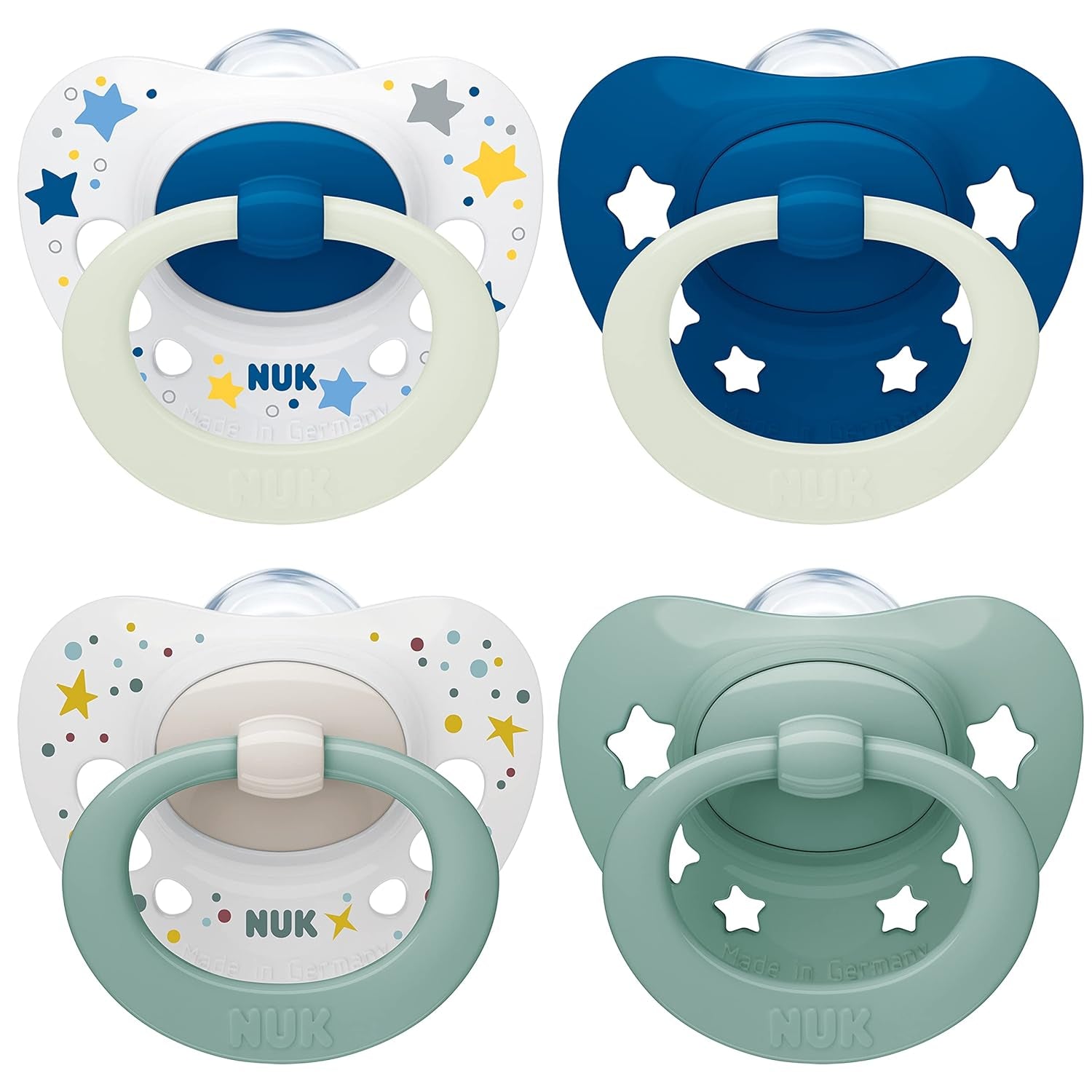 NUK Signature Sucettes jour et nuit pour bébés | 0-6 mois | Calme 95 % des bébés | Sucettes en silicone en forme de cœur sans BPA | Brille dans le noir | Étoiles | Paquet de 4