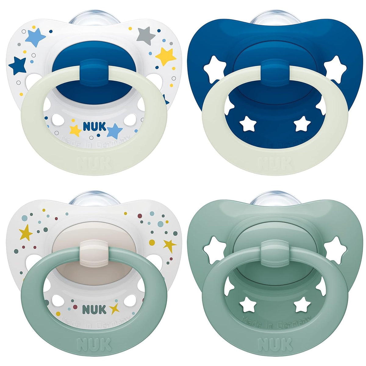 NUK Signature Sucettes jour et nuit pour bébés | 0-6 mois | Calme 95 % des bébés | Sucettes en silicone en forme de cœur sans BPA | Brille dans le noir | Étoiles | Paquet de 4