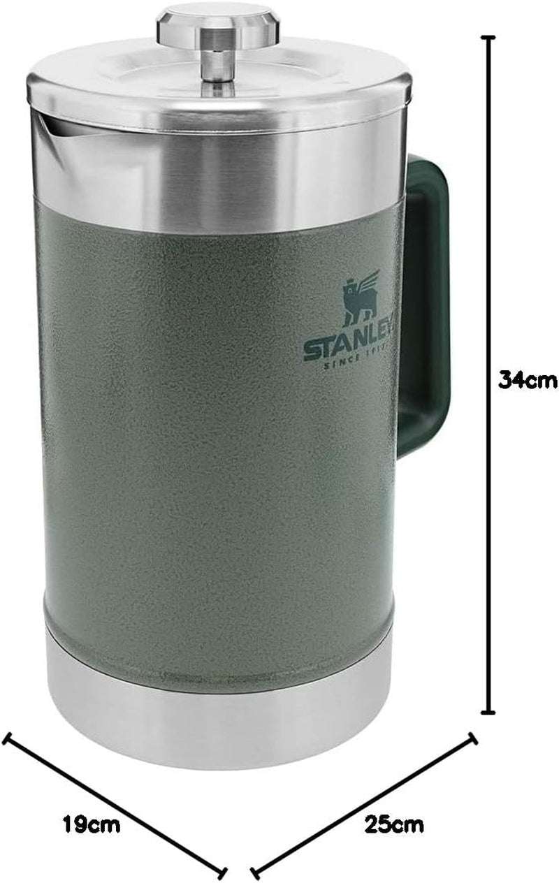 STANLEY Classic Stay Hot Coffee Press 1,4 L Hammertone Green - Garde le café chaud pendant 4 heures - Sédiment minimal - Presse à café intégrée en acier inoxydable - Sans BPA - Passe au lave-vaisselle