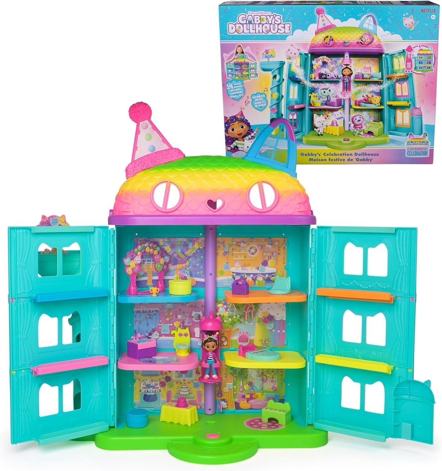 Casa de păpuși Gabby™S, set de 15 piese pentru casa de păpuși Purrfect Party cu aspect curcubeu, de peste 60 cm, cu figura Gabby, mobilier și efecte sonore, de la 3 ani Casute de papusi Naty Shop Normal