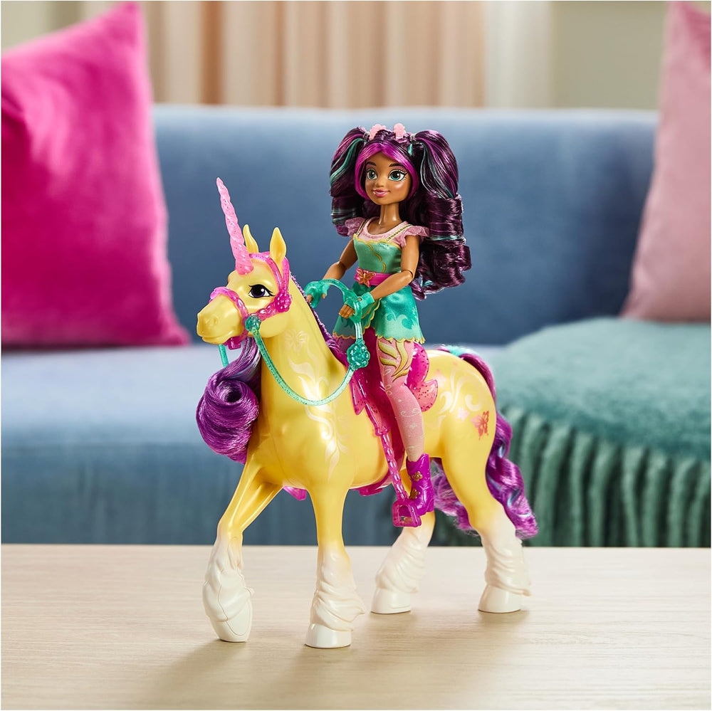 Unicorn Leaf Unicorn Academy - Licorne Ava originale de 28 cm de haut de la série Netflix avec une vraie crinière et une vraie queue, une bride, une selle et une brosse amovibles, pour les enfants à partir de 4 ans