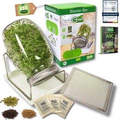 [Coffret de démarrage original avec pot à germer + passoire à cresson | 1000 ml avec support en maille d'acier inoxydable de haute qualité, plateau en céramique + ABC pour la germination [version imprimable] plateau de semis avec pot de germination