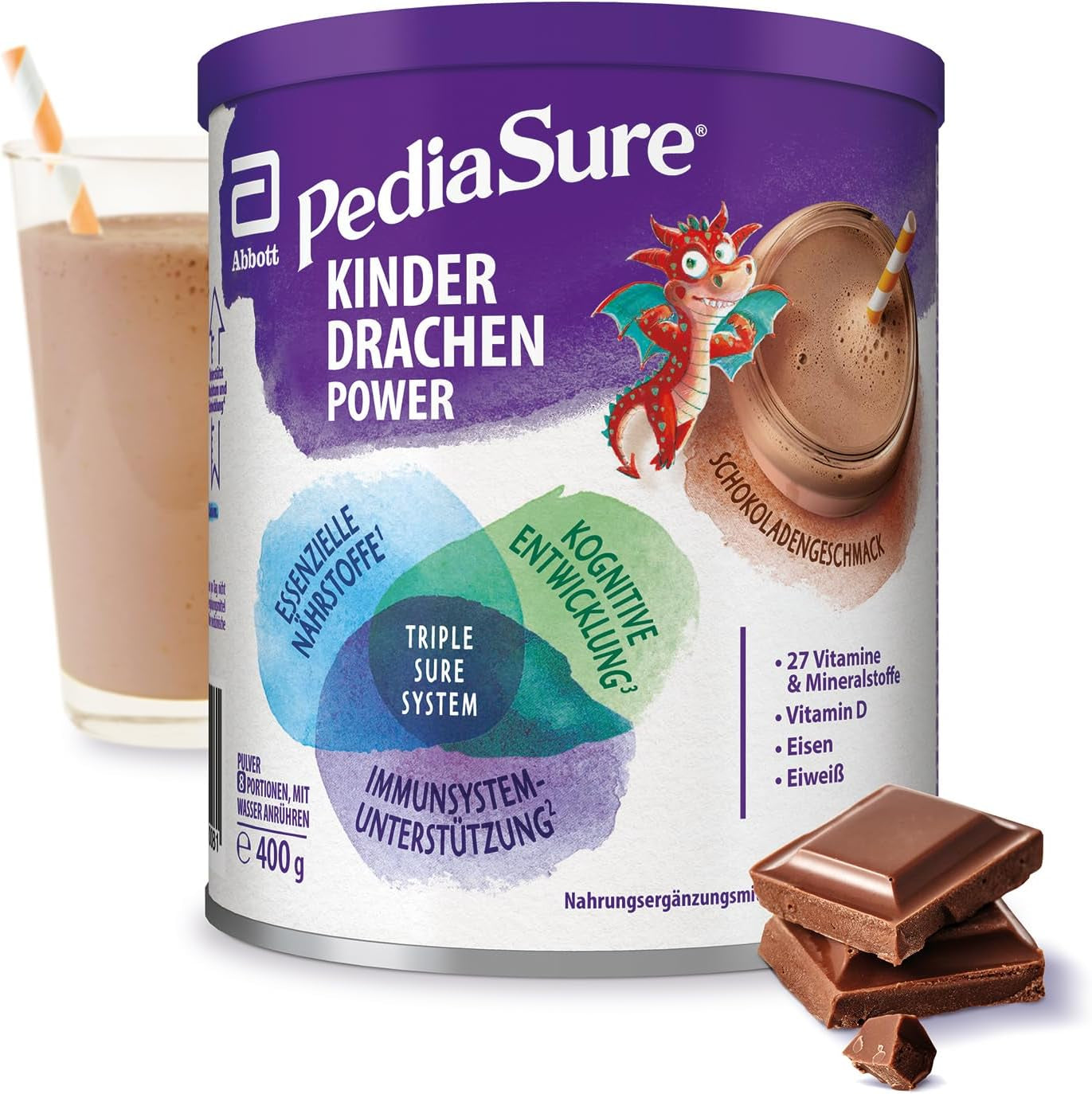 Pediasure Enfants Dragon Power Chocolat 400g | Délicieux shake comme complément nutritionnel pour les enfants à partir de 1 an | Avec 27 vitamines et minéraux, protéines et complexe triplesure | L'emballage peut varier