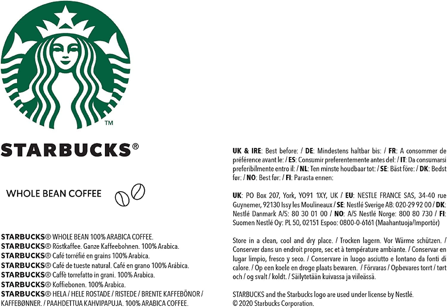 STARBUCKS Espresso Roast, torréfaction noire, grains de café entiers 200 g (paquet de 6)