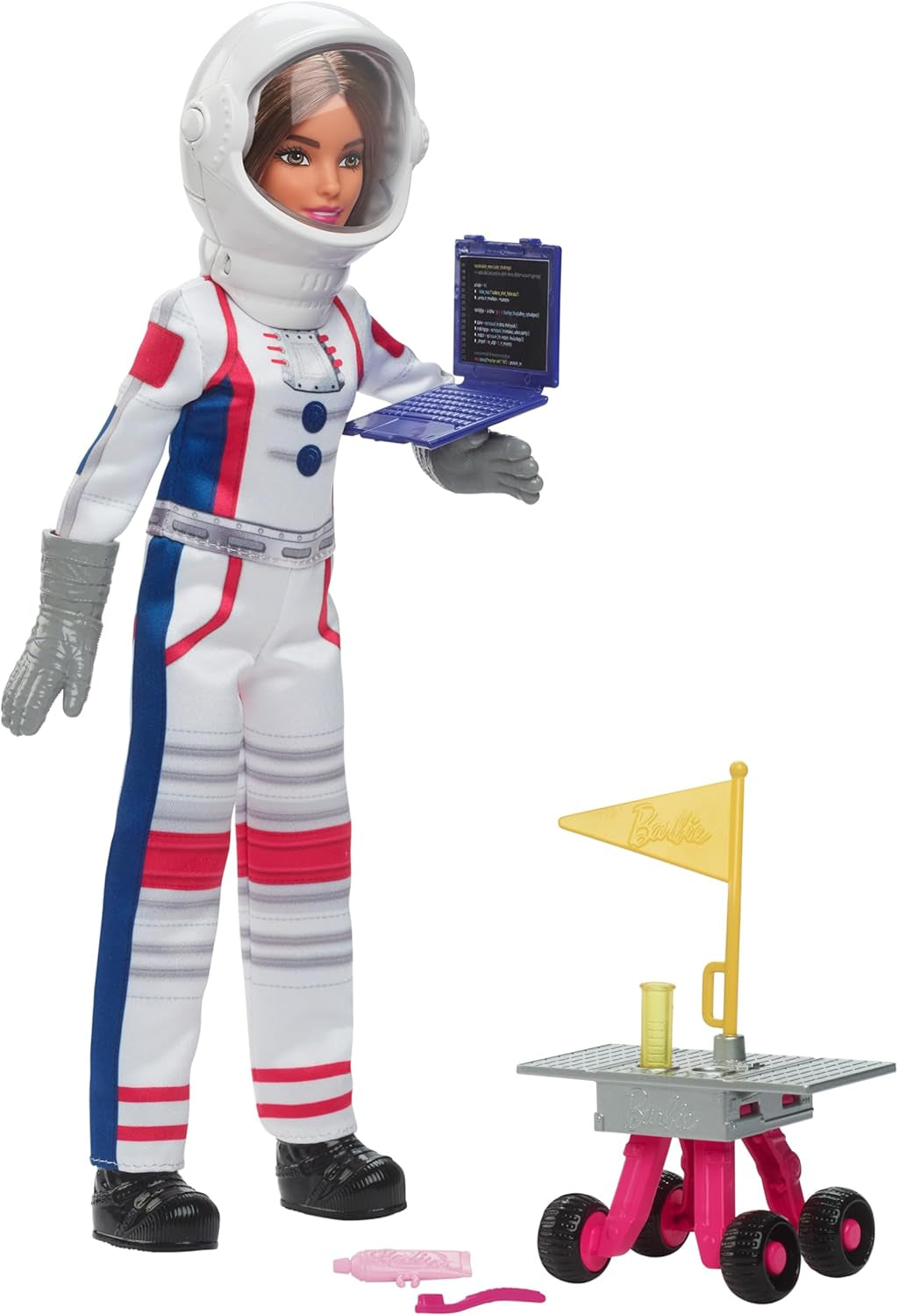 Poupée Barbie 65e anniversaire et 10 accessoires, ensemble astronaute poupée brune, rover à roues, casque spatial avec visière changeante et plus encore, HRG45