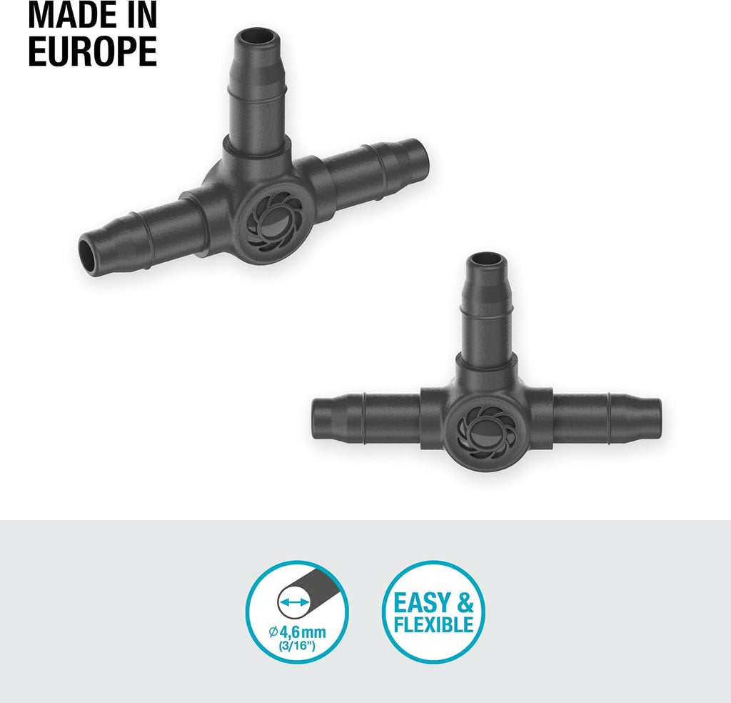 Piesă în T pentru sistemul de irigare Gardena Micro-Drip 4,6 mm (3/16 inch): Accesoriu pentru ramificarea distribuției și a liniilor de picurare, pentru instalare fără îndoiri, cu tehnologie de conectare Easy & Flexible (13211-20)