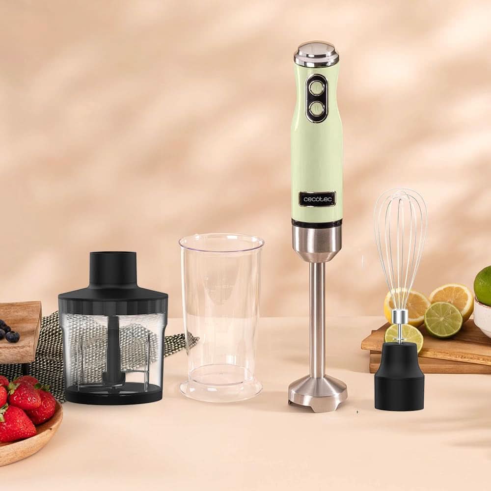 Cecotec Stabmixer Power Retrogreen 1200MAX Cream&Crush, Maximalleistung 1200 W, Technologie Crossblades, 2 vitesses, Zubehörset Spülmaschinenfest, Spritzschutzhaube Kitchen Naty Shop