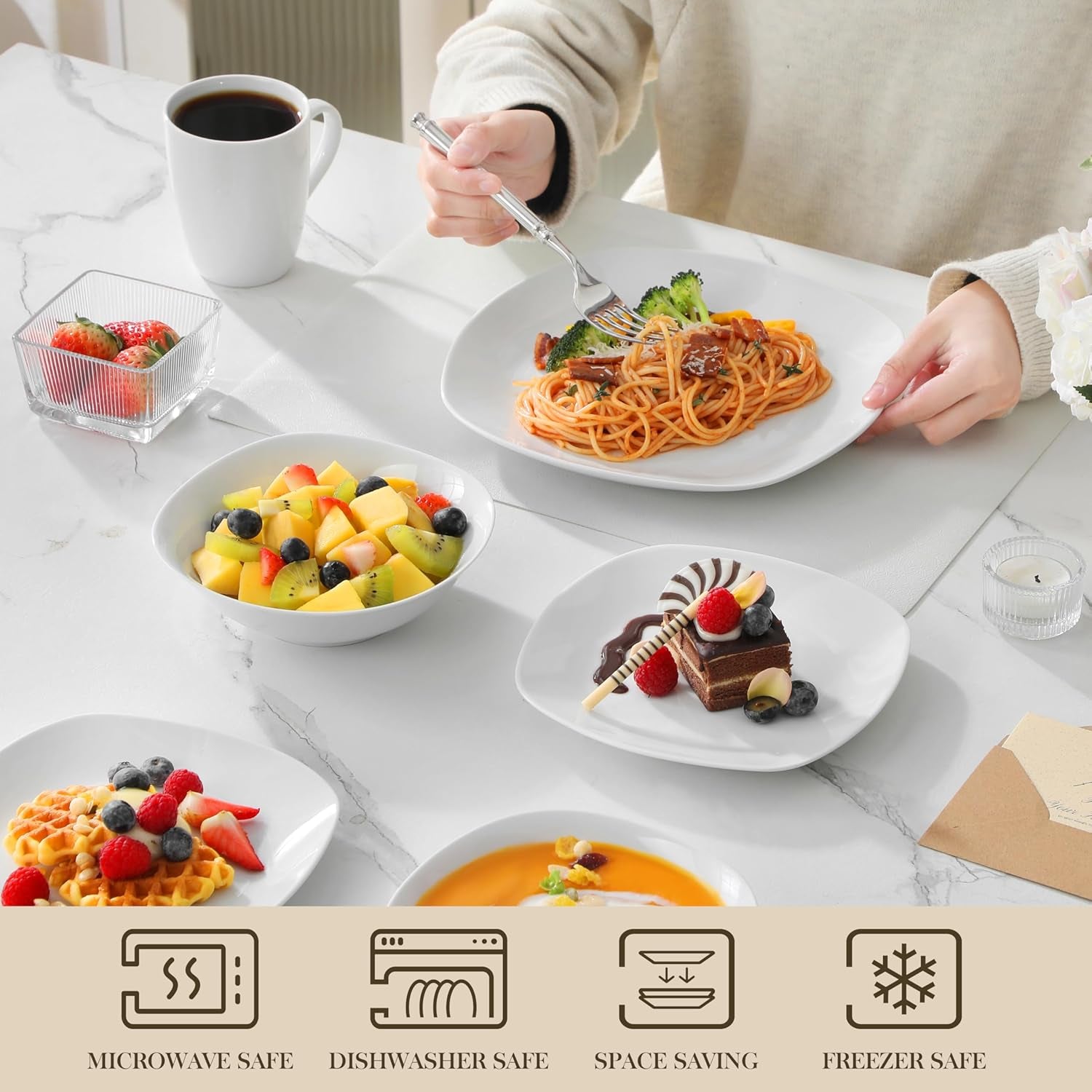 MALACASA Service de table pour 4 personnes, 16 pièces en porcelaine blanche, service de table moderne avec 4 assiettes plates, assiettes à dessert, assiettes et tasses Suma, série ELISA