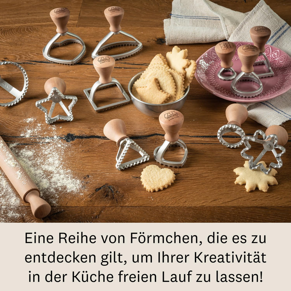 Ensemble de boîtes à raviolis et biscuits Marcato, machine à raviolis, boîte à biscuits, bois massif et fonte, fabriqué en Italie, relief rond 58 mm + relief carré 58 mm. Modèle : Raviolis