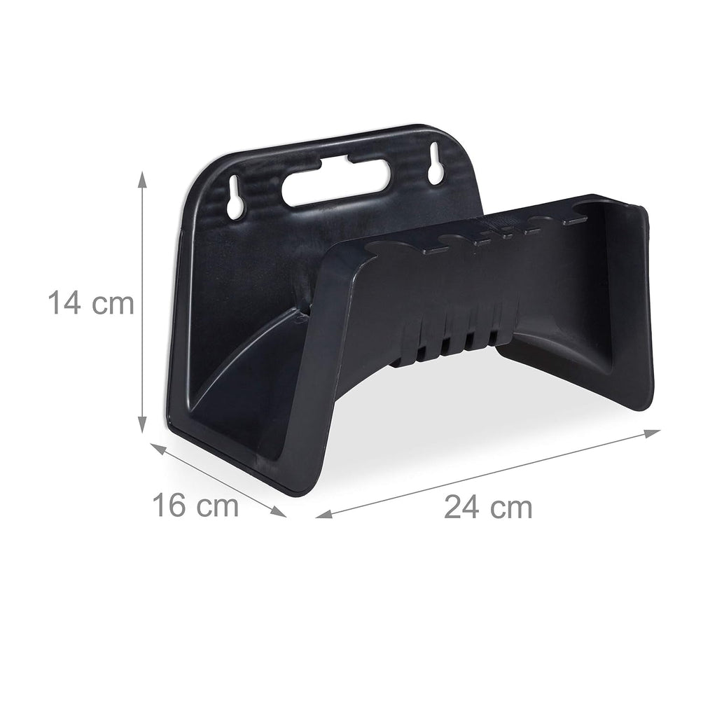 Suport furtun Relaxdays, suport furtun montat pe perete din plastic, dispozitiv de agățare pentru furtun de grădină, înălțime 14 x 24 x 16 cm, negru